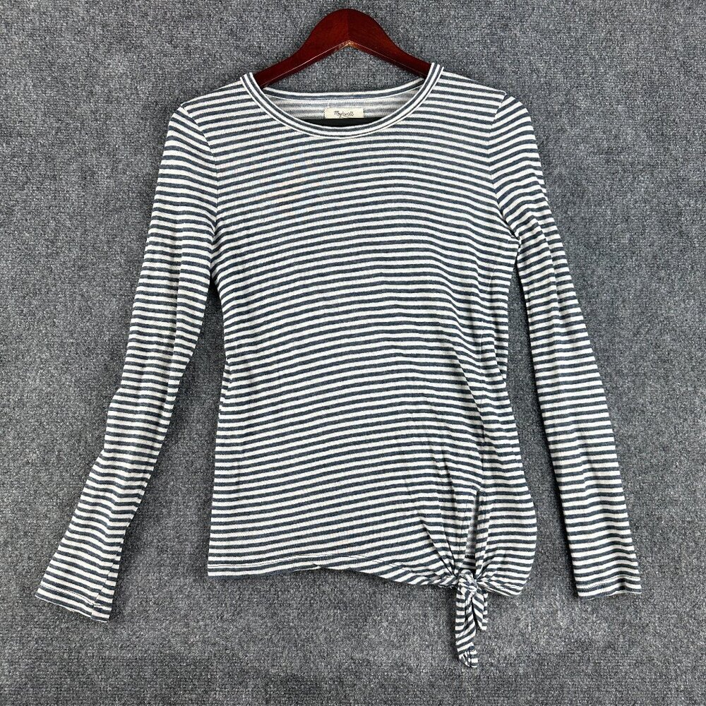 Madewell Top Womens XS Blue White Stripe Long Sleeve Tie Hem Pullover